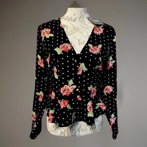 Missguided UK 14 NWT Black Floral Polka Dot Peplum Top